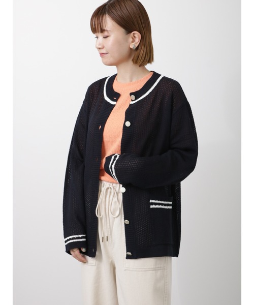 Lugnoncure（ルノンキュール）の「麻タッチライン入りカーディガン（カーディガン/ボレロ・レディース・ベージュ/ネイビー/オフホワイト・ﾌﾘ-）」の7枚目の写真