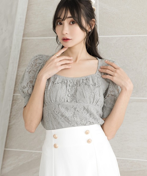 Julia Boutique（ジュリアブティック）の「スクエアネックフラワーレーストップス/23030（Tシャツ/カットソー・レディース・アイボリー/ブラック/グレイッシュブルー・ONE）」の13枚目の写真