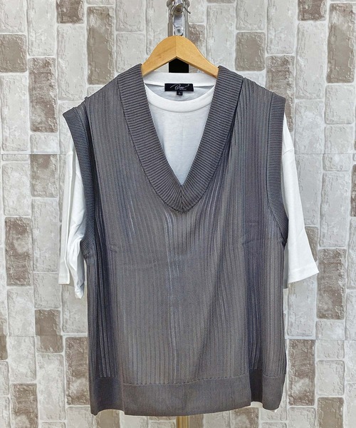 TopIsm(トップイズム)の「【2023】透かし編みVネックニットベストとTシャツ アンアサンブル(アンサンブル・メンズ・グレイッシュベージュ/ブルーグレー/ブラック/チャコールグレー・M/L)」の3枚目の写真