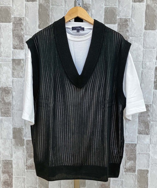 TopIsm(トップイズム)の「【2023】透かし編みVネックニットベストとTシャツ アンアサンブル(アンサンブル・メンズ・グレイッシュベージュ/ブルーグレー/ブラック/チャコールグレー・M/L)」の6枚目の写真