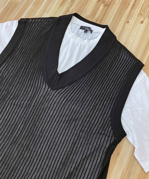 TopIsm(トップイズム)の「【2023】透かし編みVネックニットベストとTシャツ アンアサンブル(アンサンブル・メンズ・グレイッシュベージュ/ブルーグレー/ブラック/チャコールグレー・M/L)」の10枚目の写真