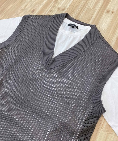TopIsm(トップイズム)の「【2023】透かし編みVネックニットベストとTシャツ アンアサンブル(アンサンブル・メンズ・グレイッシュベージュ/ブルーグレー/ブラック/チャコールグレー・M/L)」の18枚目の写真