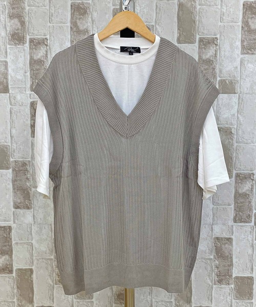 TopIsm(トップイズム)の「【2023】透かし編みVネックニットベストとTシャツ アンアサンブル(アンサンブル・メンズ・グレイッシュベージュ/ブルーグレー/ブラック/チャコールグレー・M/L)」の5枚目の写真