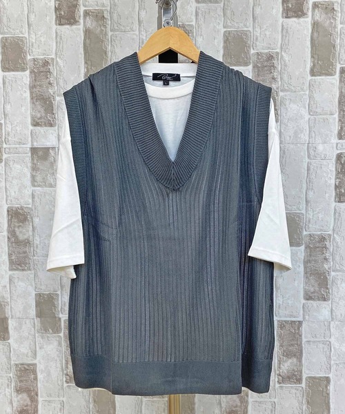 TopIsm(トップイズム)の「【2023】透かし編みVネックニットベストとTシャツ アンアサンブル(アンサンブル・メンズ・グレイッシュベージュ/ブルーグレー/ブラック/チャコールグレー・M/L)」の11枚目の写真