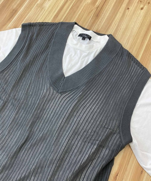 TopIsm(トップイズム)の「【2023】透かし編みVネックニットベストとTシャツ アンアサンブル(アンサンブル・メンズ・グレイッシュベージュ/ブルーグレー/ブラック/チャコールグレー・M/L)」の19枚目の写真
