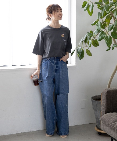 セール】フラワー刺繍/DABOクラッシュデニム（デニムパンツ