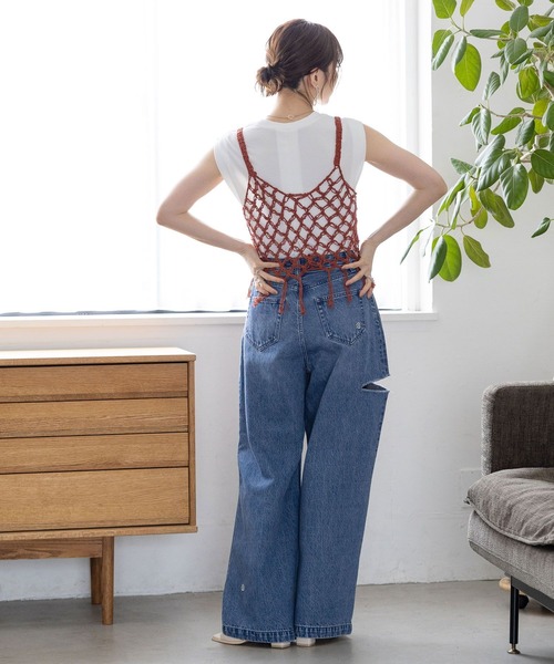 クラッシュ ストレートデニム M〜3XL 刺しゅう SOMETHING サムシング レギュラーストレート レディース