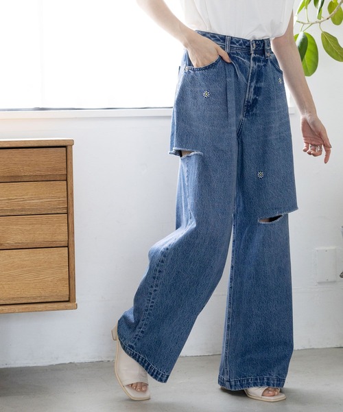 RAGEBLUE(レイジブルー)の「フラワー刺繍/DABOクラッシュデニム(デニムパンツ・レディース・ブルー/ネイビー/ブラック・FREE)」の7枚目の写真