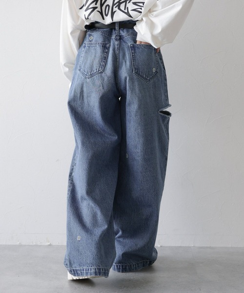 セール】フラワー刺繍/DABOクラッシュデニム（デニムパンツ