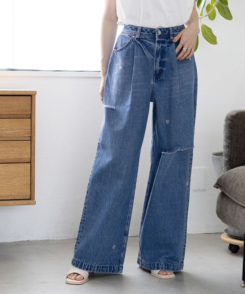 クラッシュ ストレートデニム M〜3XL 刺しゅう superハイウエストDAMAGEストレートデニムパンツ[品番