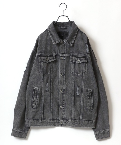 Salong hameu（サロン ハミュー）の「ビッグシルエット ケミカルウォッシュデニム・ダメージ加工デニムジャケット/Gジャン メンズ レディース ユニセックス（デニムジャケット・メンズ・ブラック系その他/ブラック/インディゴブルー/ブルー系その他/サックスブルー・L/M）」の6枚目の写真