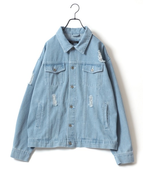 Salong hameu（サロン ハミュー）の「ビッグシルエット ケミカルウォッシュデニム・ダメージ加工デニムジャケット/Gジャン メンズ レディース ユニセックス（デニムジャケット・メンズ・ブラック系その他/ブラック/インディゴブルー/ブルー系その他/サックスブルー・L/M）」の10枚目の写真