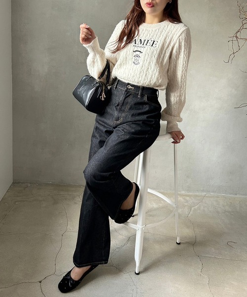 one after another NICE CLAUP(ワンアフターアナザーナイスクラップ)の「フロント刺繍ケーブルニット(ニット/セーター・レディース・アイボリー/ブラック/ピンク/ライトグレー・FREE)」の5枚目の写真