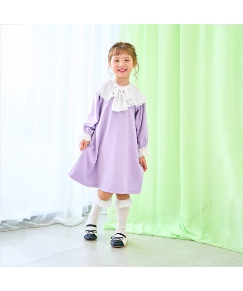 apres les cours（アプレレクール）の「【フォーマル対応】ボウタイフリル衿付きワンピース＿アプレレクールマシェリ（ワンピース・キッズ・ラベンダー/ブラック・100/80/120/140/110/90/130）」の8枚目の写真