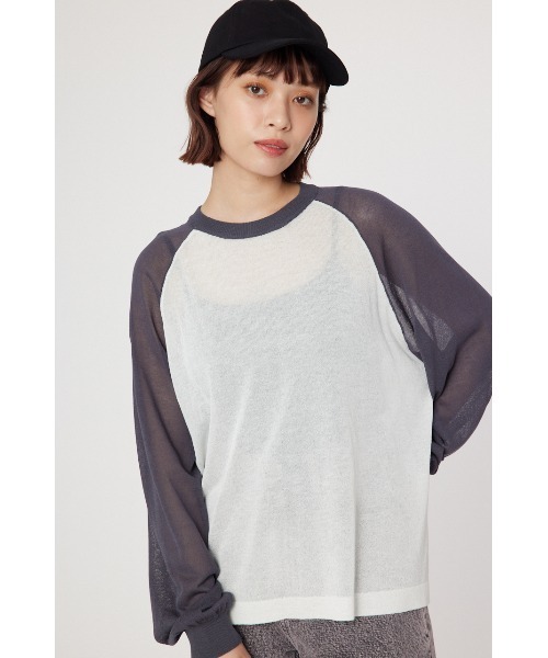 RODEO CROWNS WIDE BOWL（ロデオクラウンズワイドボウル）の「シアーラグランニットトップス（ニット/セーター・レディース・ダークグリーン/ライトイエロー/グレー・FREE）」の2枚目の写真