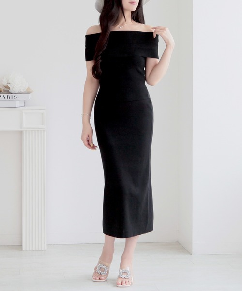 Julia Boutique(ジュリアブティック)の「オフショルニットトップス×タイトスカートセットアップ/24068(ニット/セーター・レディース・グレー系/ブルー/ブラック・ONE)」の2枚目の写真