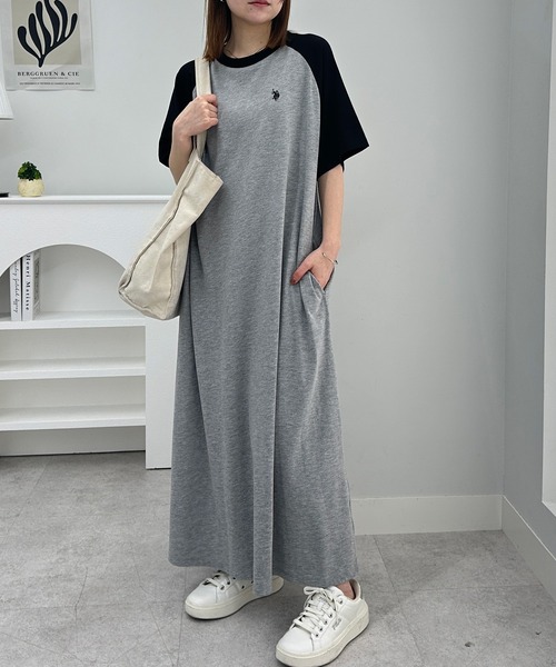 U.S. POLO ASSN.（ユーエスポロアッスン）の「RANAN/solleim別注【U.S.POLO ASSN.】 ラグランカットソーAラインワンピース（ワンピース・レディース・ブラウン系1/グリーン系1/ブラック×グレー/ネイビー系1・M/L/LL）」の17枚目の写真