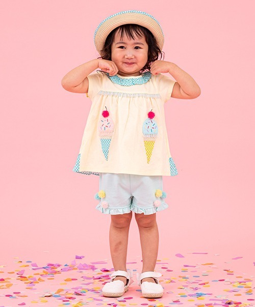 baby cheer（ベイビーチアー）の「チュールポンポンショートパンツ（スウェットパンツ・キッズ・ピンク/ライトブルー/ミント・100cm/120cm/110cm/80ｃｍ/90cm）」の3枚目の写真