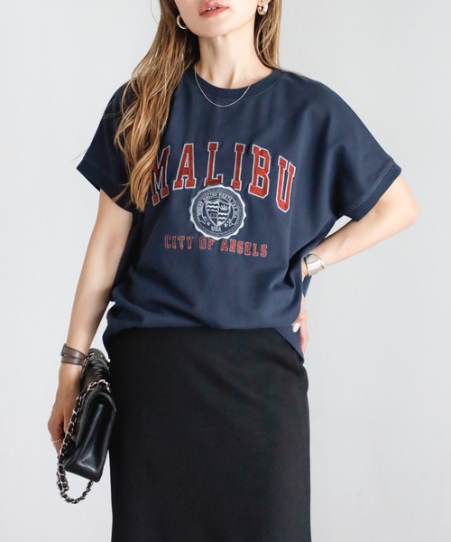 ボンジュールサガン　カレッジ刺繍ピグメントスウェットTシャツ　ロゴT 半袖 BONJOUR SAGAN公式オンラインストア / カレッジ刺繍ピグメント