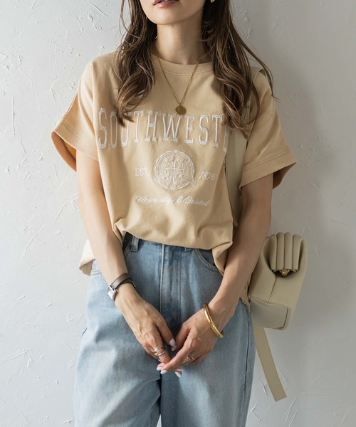 セール】カレッジ刺繍ピグメントスウェットTシャツ（Tシャツ