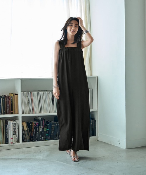 スタイルデリ　【LUXE】立体ディテールサロペット さらさらシボ生地スリット入りサロペット（サロペット