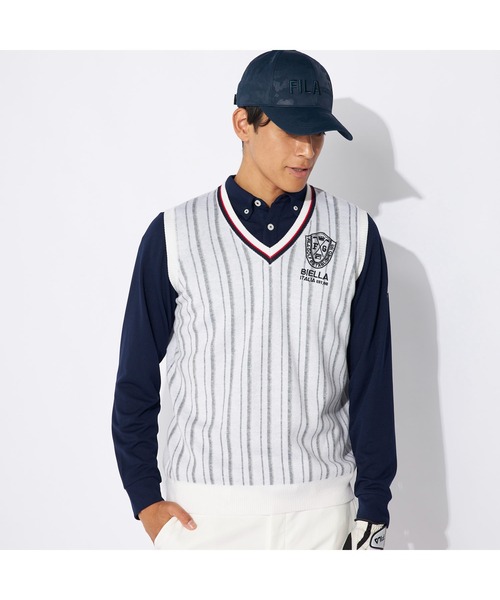 【セール】FILA GOLF/フィラゴルフ ゴルフウェア ブランド ロゴ ストライプ ウール Vネック ニット ベスト（ニット/セーター）｜FILA GOLF（フィラゴルフ ）