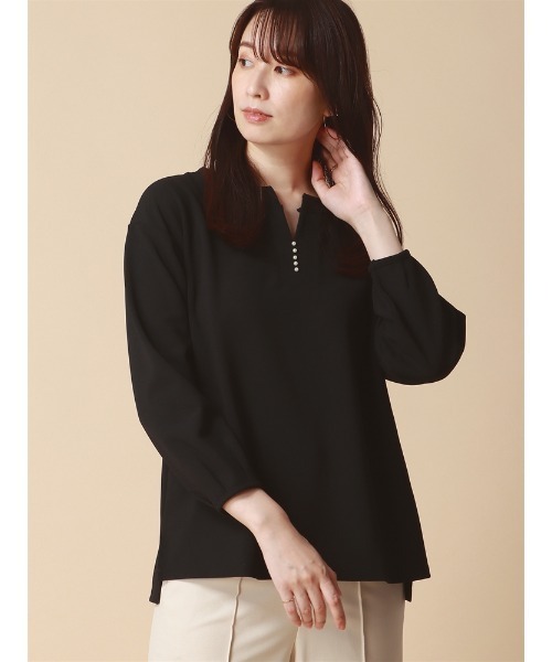 SUIT SQUARE（スーツスクエア）の「キーネックパールプルオーバー 8分袖 ウォッシャブル カットジョーゼット 無地 destyle（Tシャツ/カットソー・レディース・ホワイト/ブラウン/ブラック・38(9号)）」の13枚目の写真