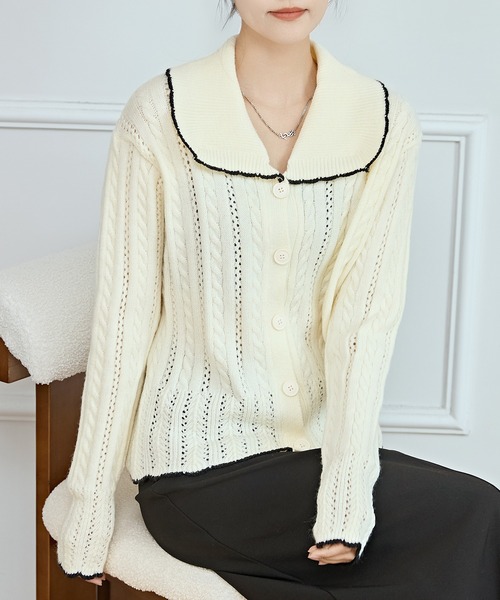 Lace Ladies(レースレディース)の「ビッグカラー 配色 ライン ケーブル ニット カーディガン(カーディガン/ボレロ・レディース・アイボリー・FREE)」の6枚目の写真