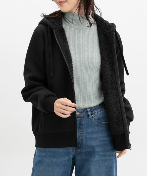 Honeys（ハニーズ）の「【ハニぽか】裏ボアジップパーカー（パーカー・レディース・ピンク/グリーン/ダークブルー/ベージュ/ブラック/杢グレー・S/M/L/LL/3L）」の2枚目の写真