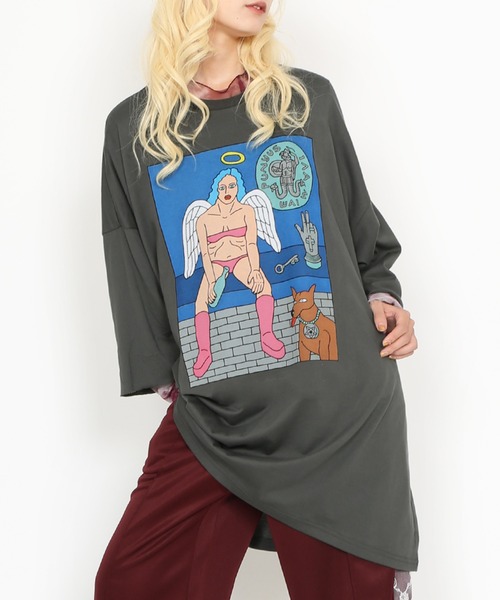 PUNYUS(プニュズ)の「Night angelスーパービッグTシャツ(Tシャツ/カットソー・レディース・杢グレー/スミクロ/ピンク・FREE)」の4枚目の写真