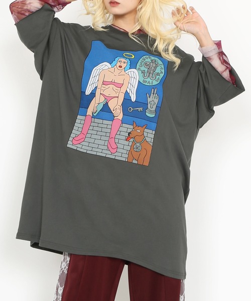 PUNYUS(プニュズ)の「Night angelスーパービッグTシャツ(Tシャツ/カットソー・レディース・杢グレー/スミクロ/ピンク・FREE)」の7枚目の写真