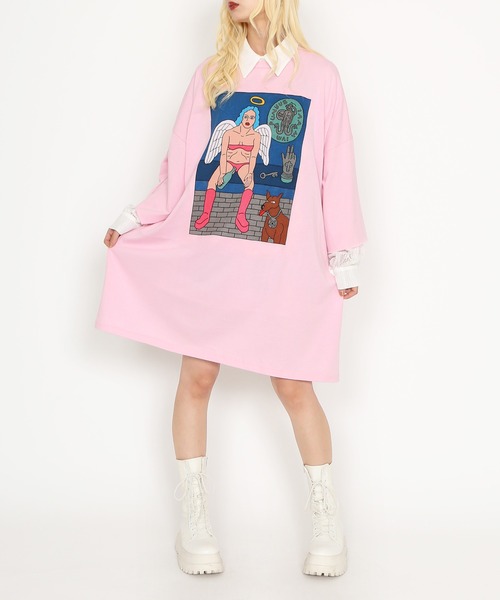 PUNYUS(プニュズ)の「Night angelスーパービッグTシャツ(Tシャツ/カットソー・レディース・杢グレー/スミクロ/ピンク・FREE)」の8枚目の写真