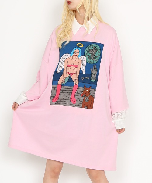 PUNYUS(プニュズ)の「Night angelスーパービッグTシャツ(Tシャツ/カットソー・レディース・杢グレー/スミクロ/ピンク・FREE)」の9枚目の写真