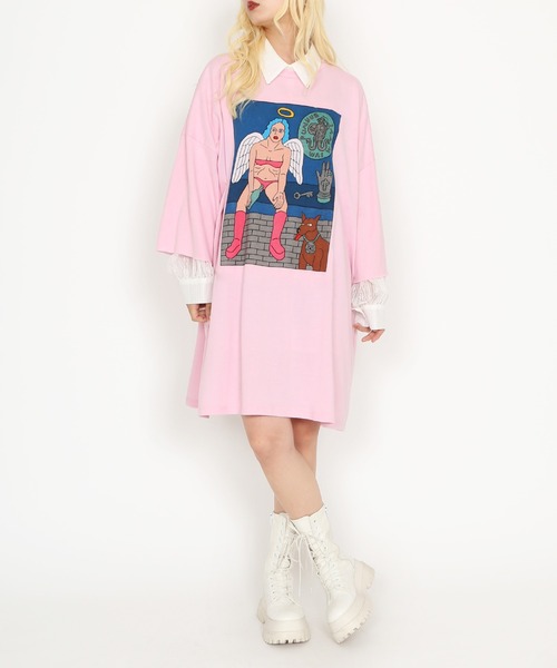 PUNYUS(プニュズ)の「Night angelスーパービッグTシャツ(Tシャツ/カットソー・レディース・杢グレー/スミクロ/ピンク・FREE)」の10枚目の写真