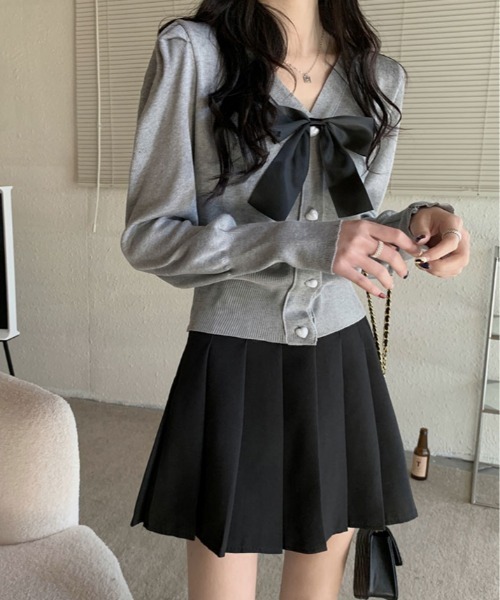 kirakiraShop（キラキラショップ）の「ハート ボタン リボン 付き ニット カーディガン（カーディガン/ボレロ・レディース・グレー/ブラック/ホワイト・FREE）」の12枚目の写真