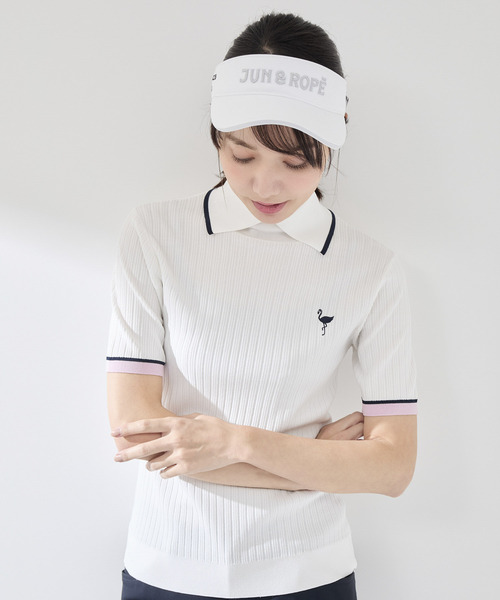 セール】針抜きリブ衿使い5分袖ラインニット（ニット/セーター