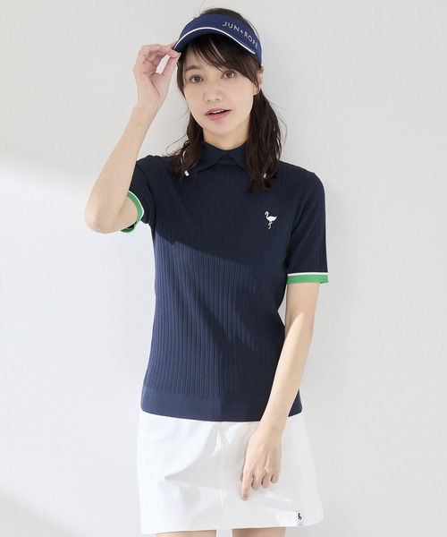 セール】針抜きリブ衿使い5分袖ラインニット（ニット/セーター