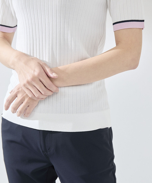 セール】針抜きリブ衿使い5分袖ラインニット（ニット/セーター