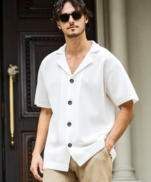 1PIU1UGUALE3 RELAX (ウノピゥウノウグァーレトレ リラックス)の「1PIU1UGUALE3 RELAX(ウノピゥウノウグァーレトレ リラックス)ニット オープンカラーシャツ 半袖シャツ (通気性/吸水性)(シャツ/ブラウス・メンズ・ブラック/サックスブルー/ホワイト・S/M/L/XL)」の2枚目の写真