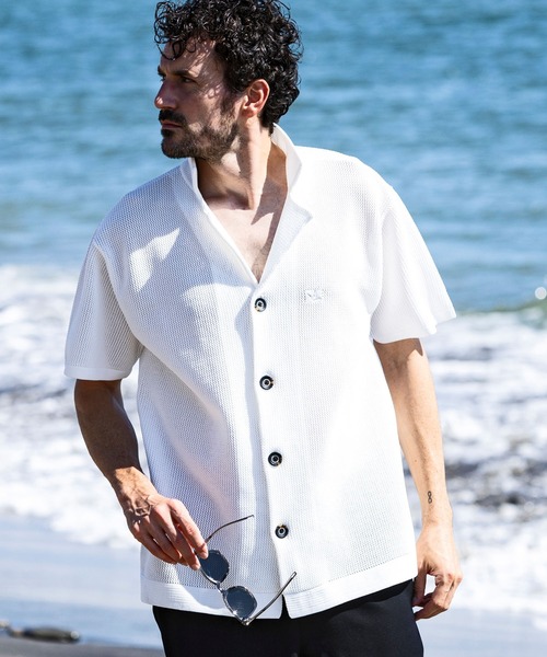 1PIU1UGUALE3 RELAX (ウノピゥウノウグァーレトレ リラックス)の「1PIU1UGUALE3 RELAX(ウノピゥウノウグァーレトレ リラックス)ニット オープンカラーシャツ 半袖シャツ (通気性/吸水性)(シャツ/ブラウス・メンズ・ブラック/サックスブルー/ホワイト・S/M/L/XL)」の9枚目の写真