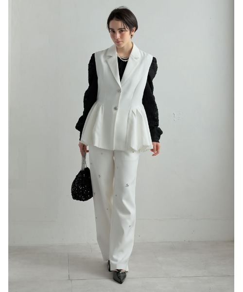 MEISM（ミズム）の「[2025SS COLLECTION][MEISM by Re:EDIT][オケージョン セレモニー]ツイルウエスト切り替えバルーンテーラードベスト（ダウンベスト・レディース・ホワイト/ブラック・MEDIUM/LARGE）」の17枚目の写真