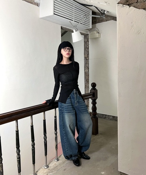 4INT.（フォイント）の「シースルー フロントスリット 長袖 トップス（Tシャツ/カットソー・レディース・ブラック/ベージュ/ホワイト・FREE）」の13枚目の写真