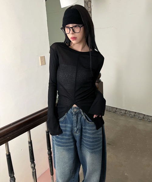 4INT.（フォイント）の「シースルー フロントスリット 長袖 トップス（Tシャツ/カットソー・レディース・ブラック/ベージュ/ホワイト・FREE）」の14枚目の写真