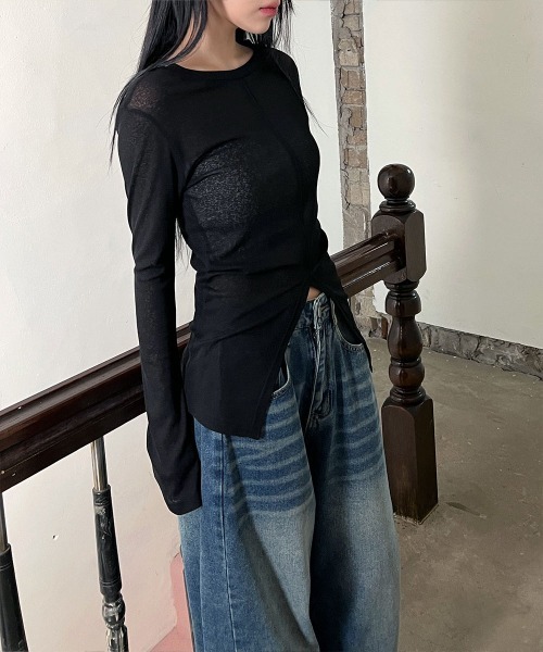 4INT.（フォイント）の「シースルー フロントスリット 長袖 トップス（Tシャツ/カットソー・レディース・ブラック/ベージュ/ホワイト・FREE）」の15枚目の写真