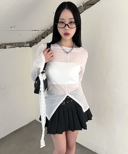 セットアップ シースルー 長袖 スリット タイト シック 上品 シースルー フロントスリット 長袖 トップス（Tシャツ