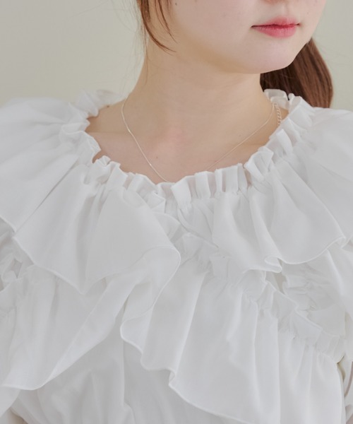 continuer de NICE CLAUP（コンティニューデナイスクラップ）の「フリルクロスブラウス（シャツ/ブラウス・レディース・ストライプ/チェック/オフホワイト/ブラック/ドット・FREE）」の8枚目の写真