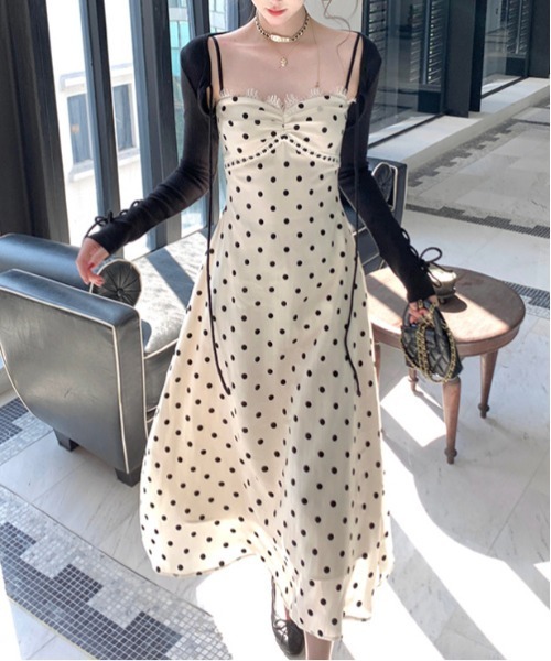 ドットフリルワンピース2点セットきれいエレガント夏 ワンピース resort frill onepiece/リゾートフリルワンピース
