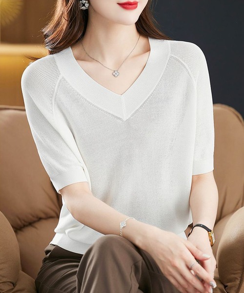 BLANC FICELLE(ブランフィセル)の「5分袖 Vネック ニット(ニット/セーター・レディース・アイボリー/ブラック/ブラウン系1/モカ・FREE)」の22枚目の写真