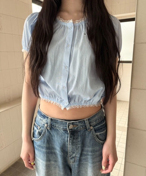 hugi(ハギ)の「TRIPLE HEART BLOUSE/トリプルハートブラウス(シャツ/ブラウス・レディース・サックスブルー/ライトピンク・FREE)」の1枚目の写真