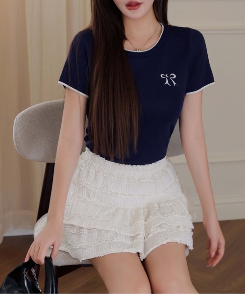 FINEnough(ファインナフ)の「リボン刺しゅう配色トリミングクルーネック半袖ニットトップス(ニット/セーター・レディース・アイボリー/グレー/ブルー/ネイビー/ピンク・FREE)」の11枚目の写真